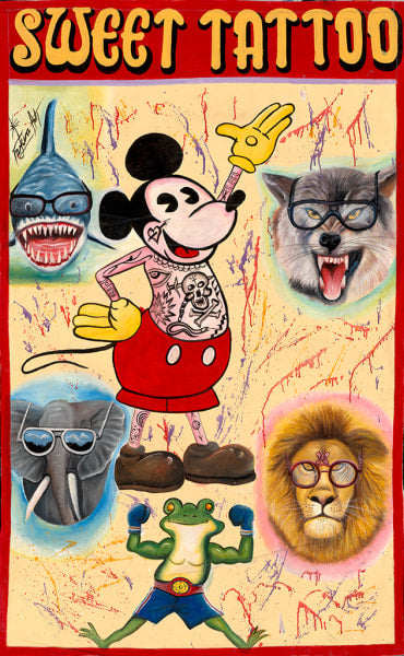 Vibrant Deadly Prey poster with “SWEET TATTOO” on top, showcasing a tattooed cartoon mouse and animals in sunglasses on a splattered backdrop, inspired by Farkira art plus oil and enamel painting styles.