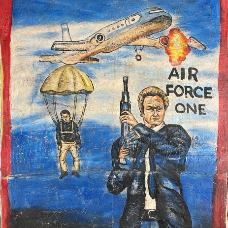 Deadly Prey hand-painted Air Force One artwork, showing a suited man with a gun, a burning plane overhead, and another man parachuting down; "Air Force One" title appears on the right.
