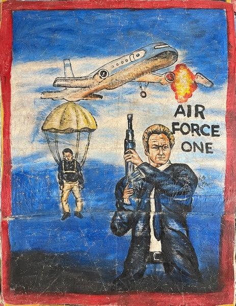 Deadly Prey hand-painted Air Force One artwork, showing a suited man with a gun, a burning plane overhead, and another man parachuting down; "Air Force One" title appears on the right.
