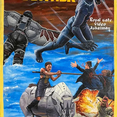 Deadly Prey hand-painted poster for Black Panther features the superhero leaping, a warrior on a rhino, battling soldiers, and an explosion—all set against dramatic backgrounds with bold yellow and white text.