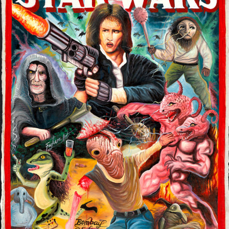 A vibrant, surreal Star Wars poster by Deadly Prey features exaggerated characters, bizarre creatures, and chaotic scenes with bold white and red lettering in a wild design reminiscent of oil and enamel paintings.