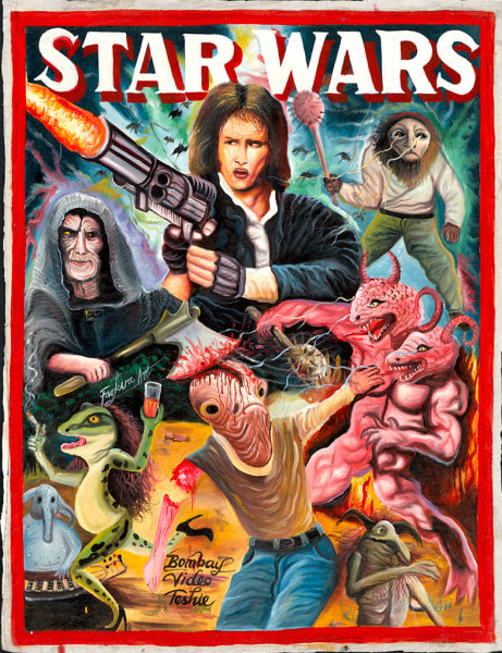 A vibrant, surreal Star Wars poster by Deadly Prey features exaggerated characters, bizarre creatures, and chaotic scenes with bold white and red lettering in a wild design reminiscent of oil and enamel paintings.