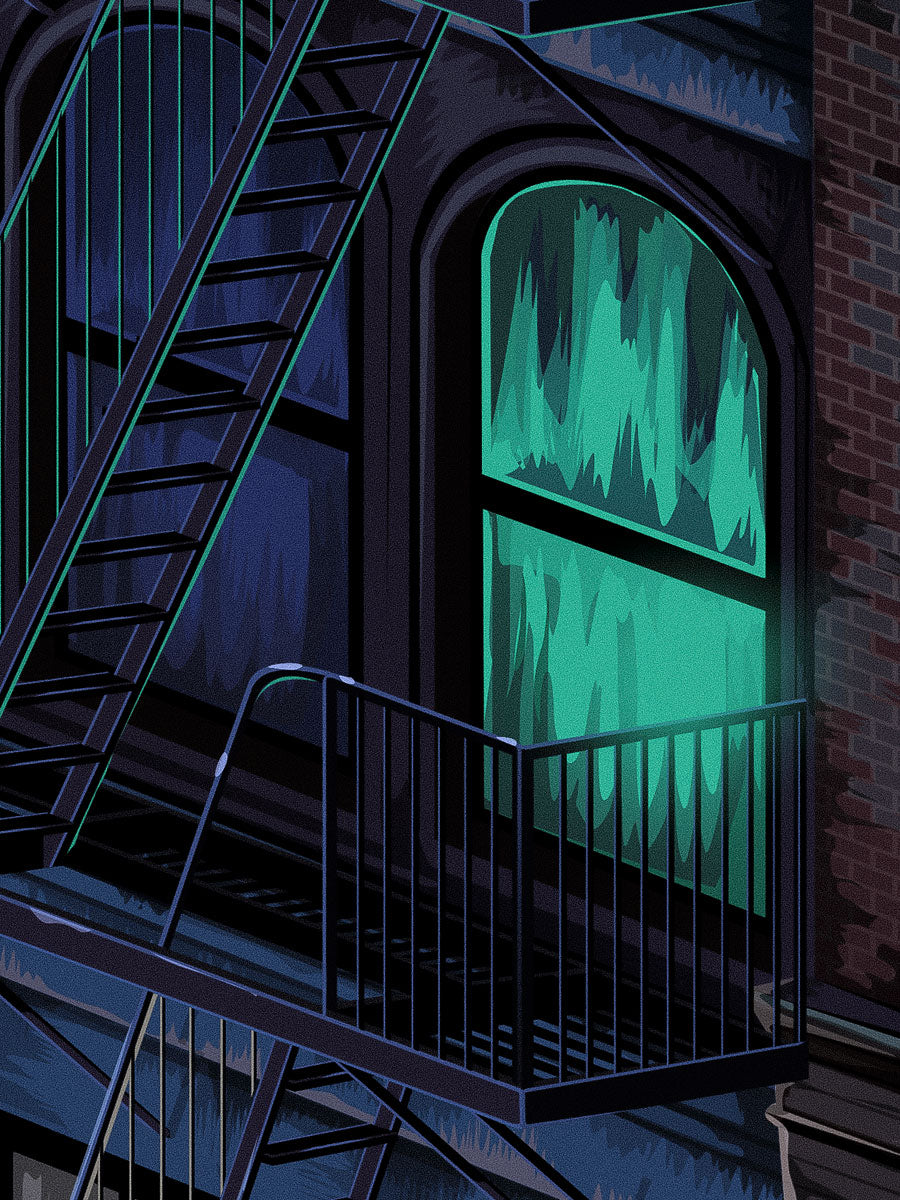 An illustration by Mr. Melville depicts a fire escape on a brick building at night, where green and blue light glows through a window behind black railings and stairs. This limited edition archival pigment print evokes the eerie atmosphere of Ghostbusters, capturing an otherworldly glow that brings the scene to life.