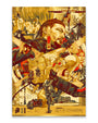 Stylized poster for Death Stranding by Vincent Aseo featuring main characters, a baby in a pod, motorcycles, weapons, and surreal imagery in gold, red, and black tones. The composition is dense and dynamic with overlapping figures and elements, evoking the look of an intricate screen print.