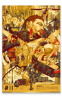 Stylized poster for Death Stranding by Vincent Aseo featuring main characters, a baby in a pod, motorcycles, weapons, and surreal imagery in gold, red, and black tones. The composition is dense and dynamic with overlapping figures and elements, evoking the look of an intricate screen print.