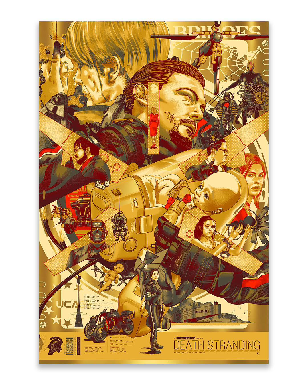 Stylized poster for Death Stranding by Vincent Aseo featuring main characters, a baby in a pod, motorcycles, weapons, and surreal imagery in gold, red, and black tones. The composition is dense and dynamic with overlapping figures and elements, evoking the look of an intricate screen print.