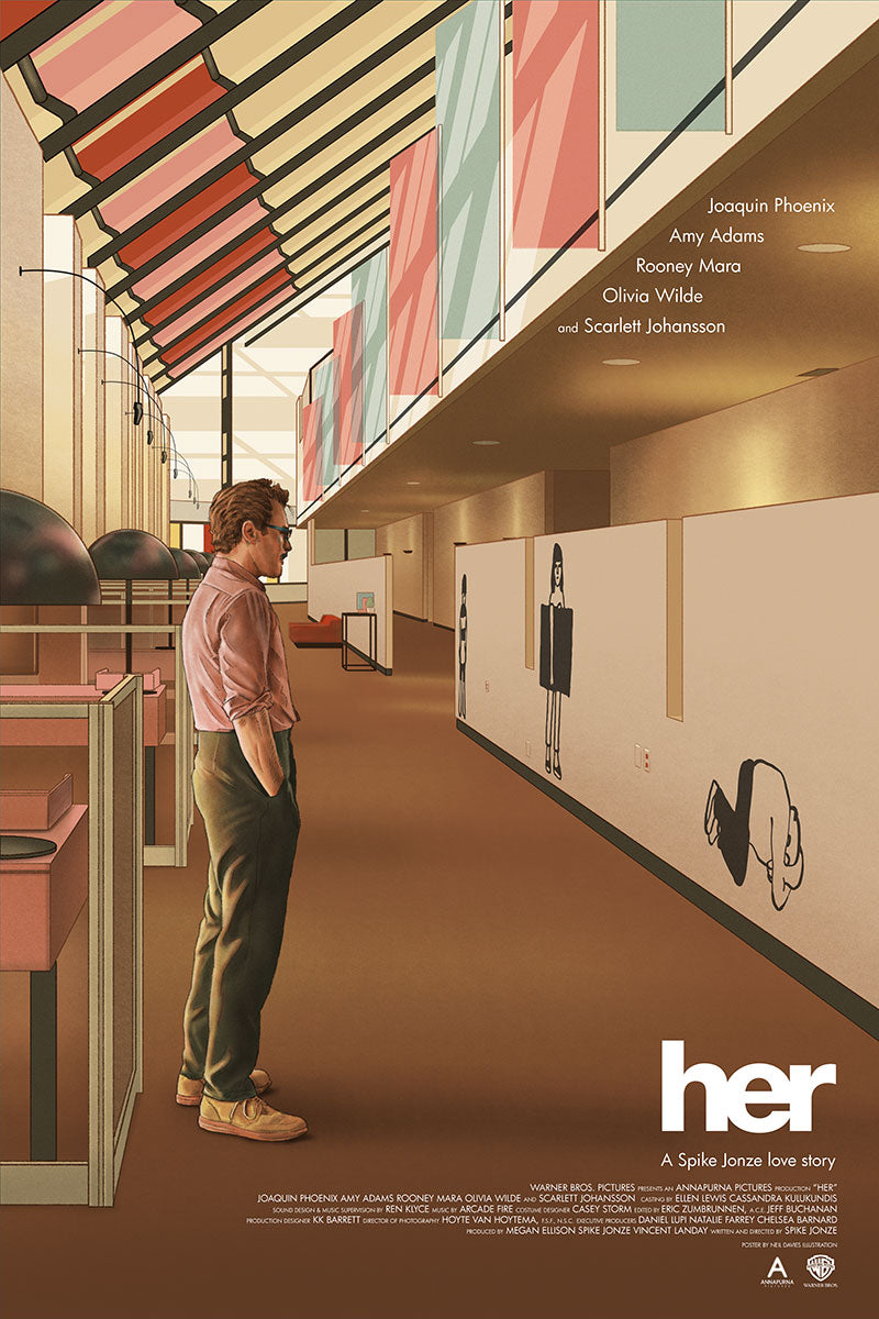A man in glasses stands in a sleek hallway with colorful skylights, admiring minimalist wall art. The poster reads her and features Joaquin Phoenix, Amy Adams, Rooney Mara, Olivia Wilde, and Scarlett Johansson. Brand: Neil Davies.