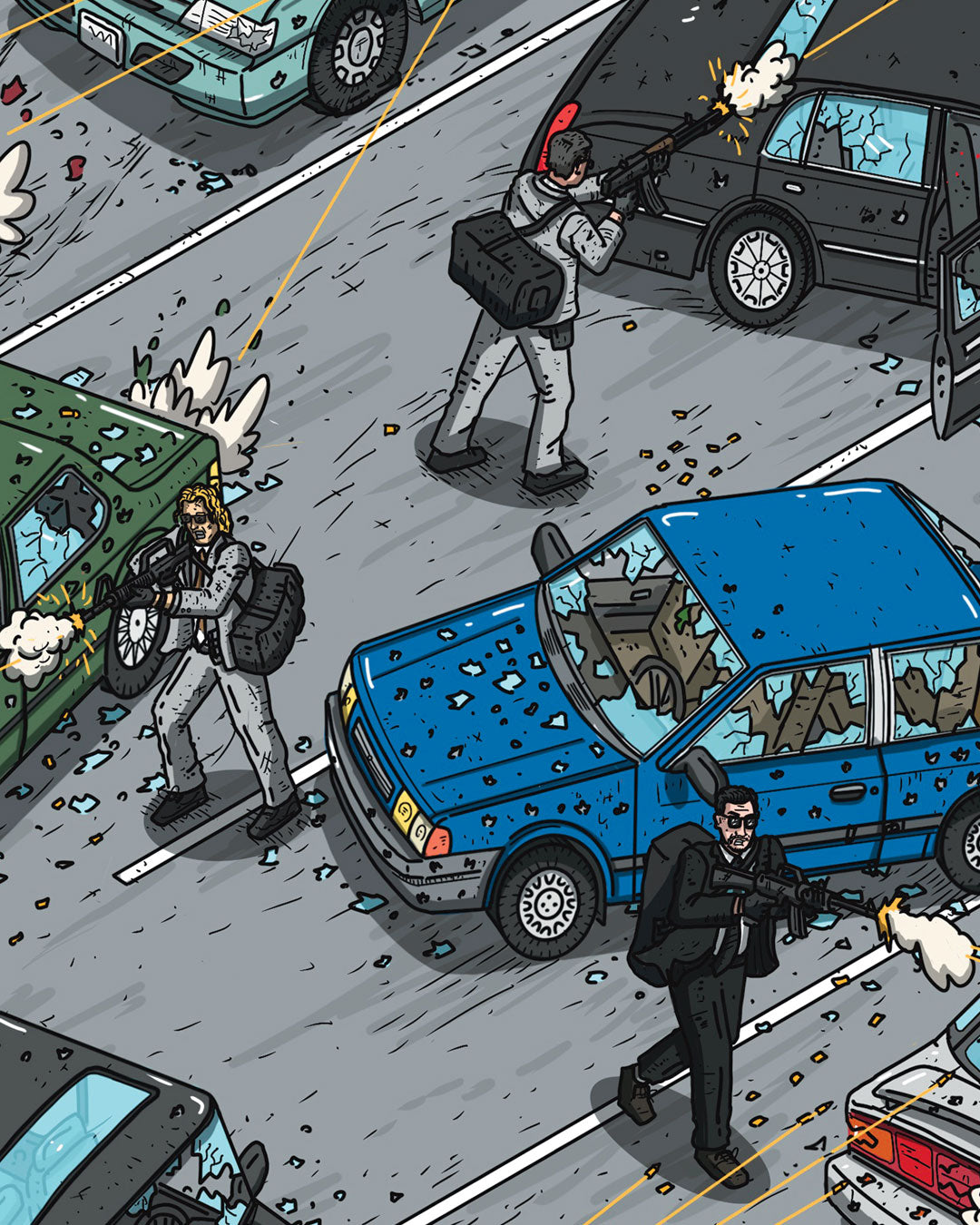 Three armed figures in suits exchange gunfire between cars on a city street, shattered glass and bullet holes visible. Each holds a rifle and carries a bag in this striking archival pigment print from Liam Tooher.