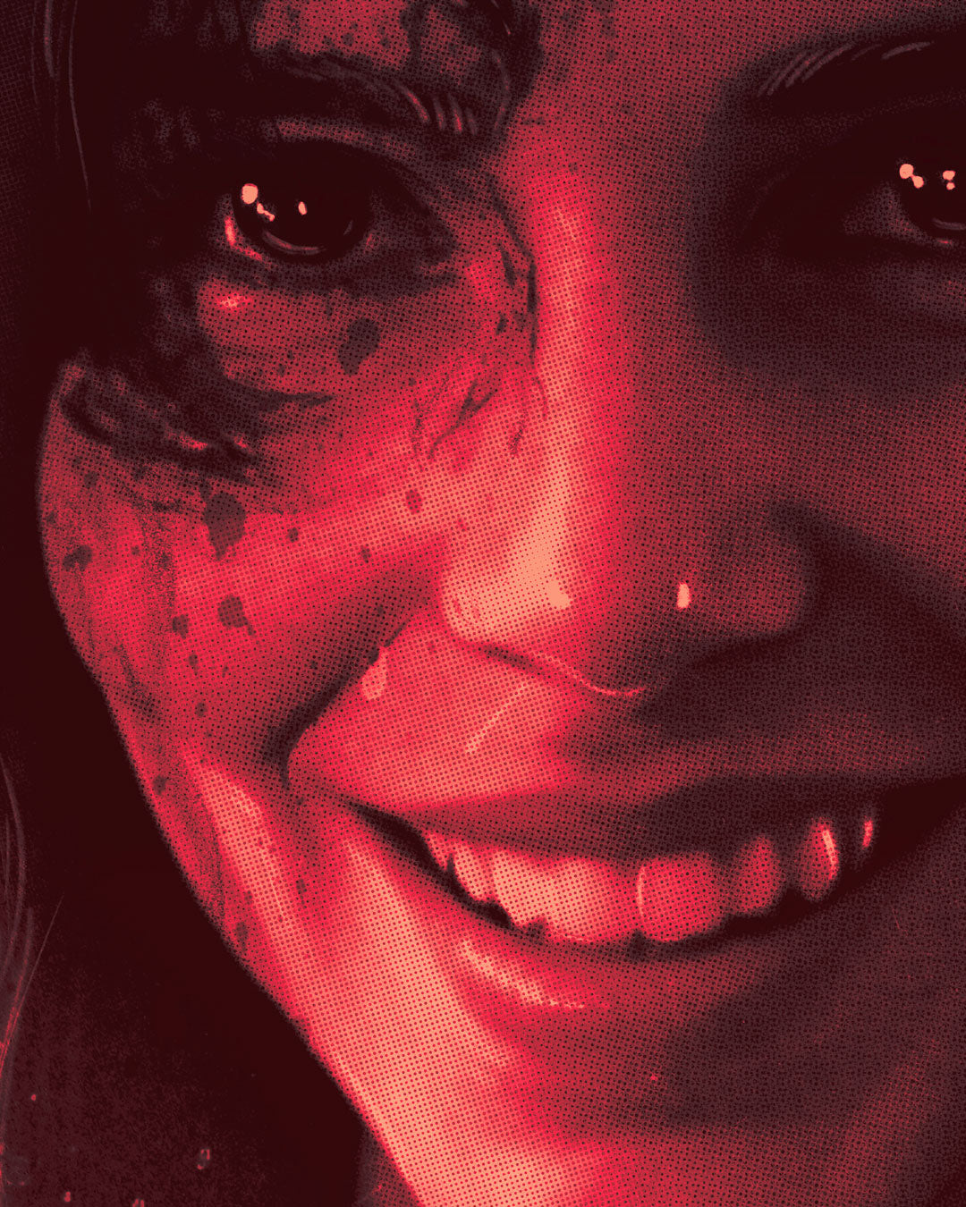 A close-up of a smiling person’s face in red and black tones, with one eye and cheek partly covered in dark, splattered markings, giving a dramatic, intense effect; the image evokes an air of obsession reminiscent of Stephen Campanella’s signature archival pigment prints.