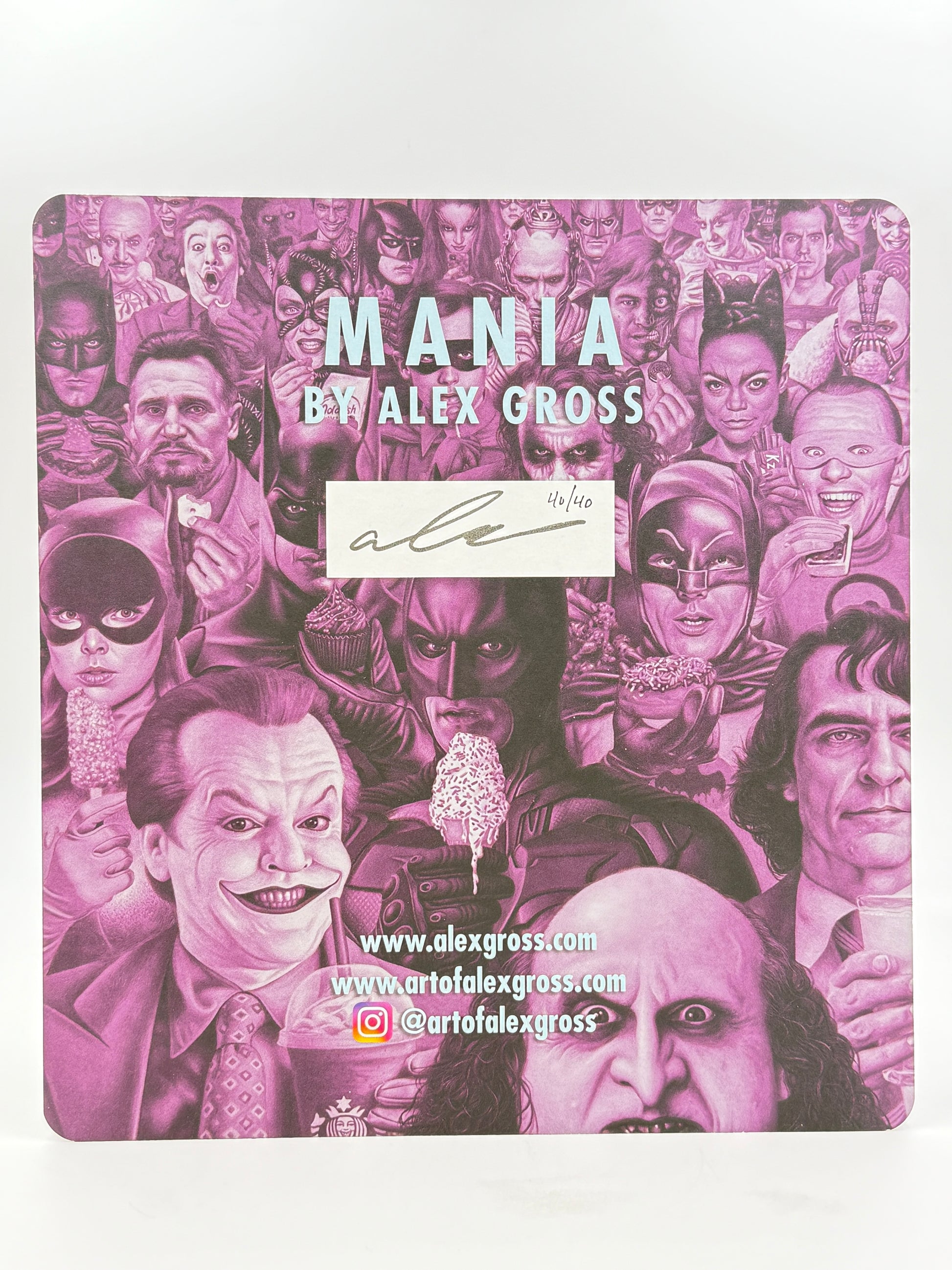 Purple-toned art print titled MANIA by Alex Gross, featuring Batman villains and characters. This limited edition is signed, numbered, and includes the artist’s website and social media links at the bottom.