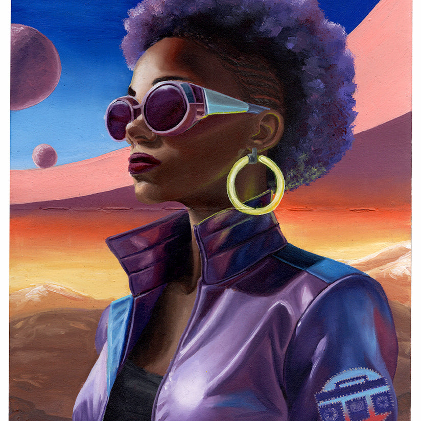 painting in an open face Moleskine notebook of a woman with a purple afro wearing sunglasses, hoop earrings, and a purple leather jacket on an extraterrestrial landscape by artist Ken Flewellyn