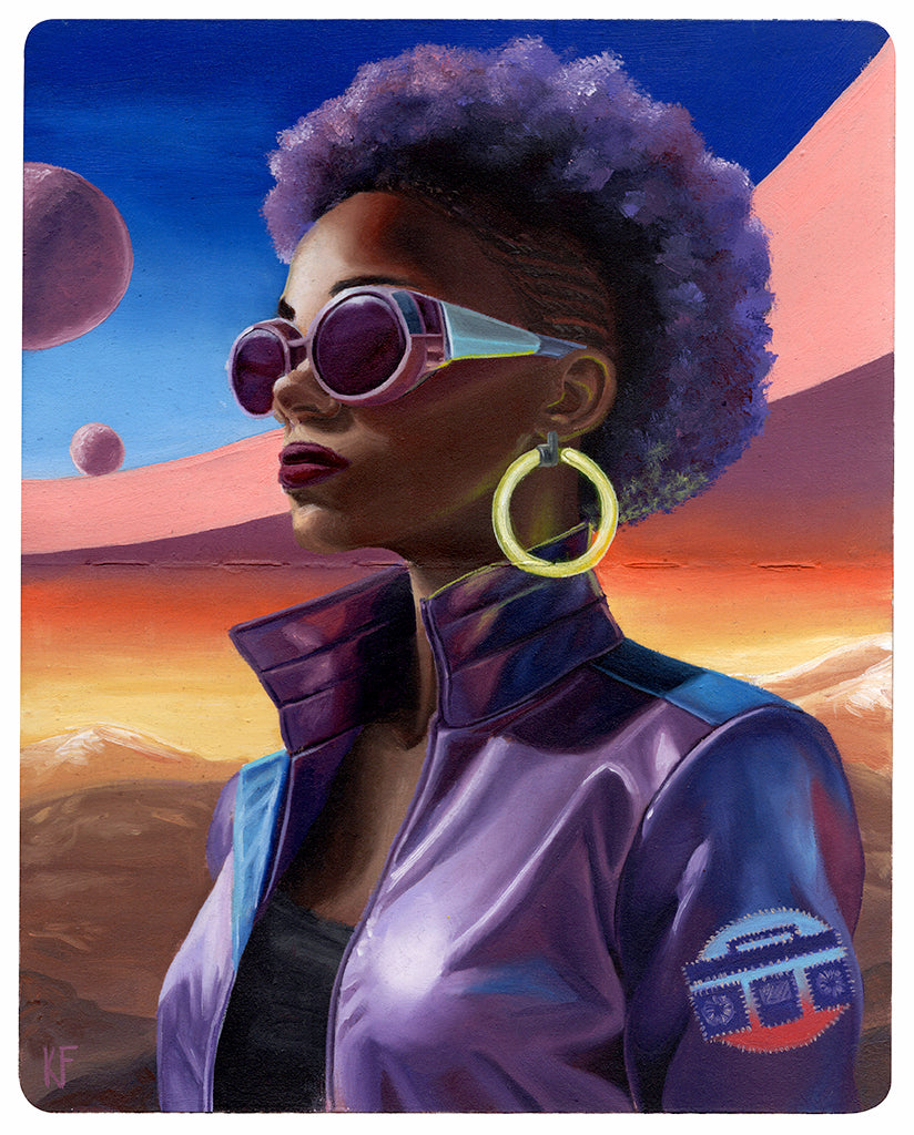 painting in an open face Moleskine notebook of a woman with a purple afro wearing sunglasses, hoop earrings, and a purple leather jacket on an extraterrestrial landscape by artist Ken Flewellyn