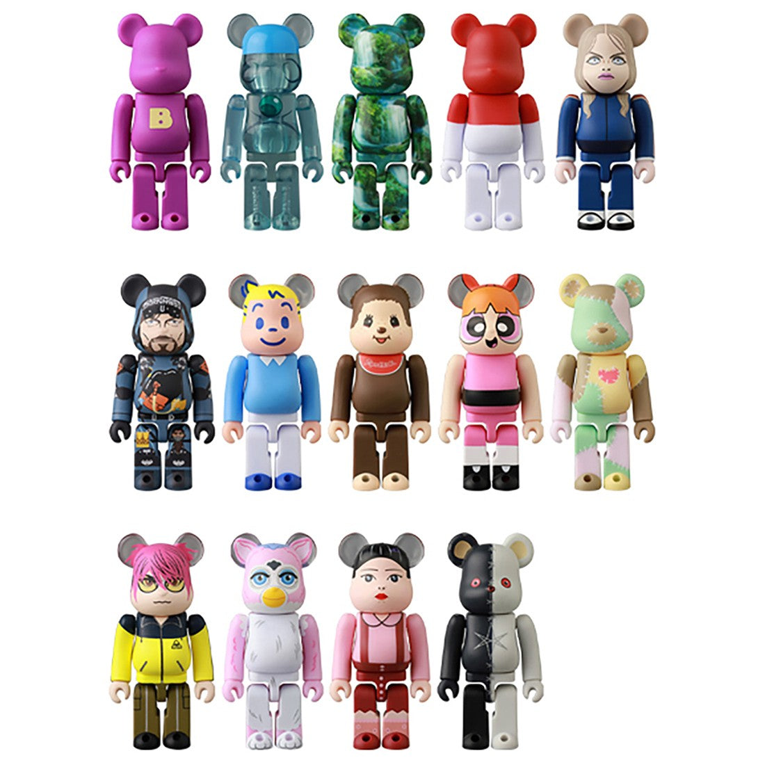 Fifteen vibrant, bear-shaped vinyl figures from the Be@rbrick Series 50 by Medicom are displayed in three rows. Each collectible, styled like a blind box surprise, showcases distinctive clothing, colors, and facial designs—some drawing inspiration from cartoons, animals, or whimsical patterns.