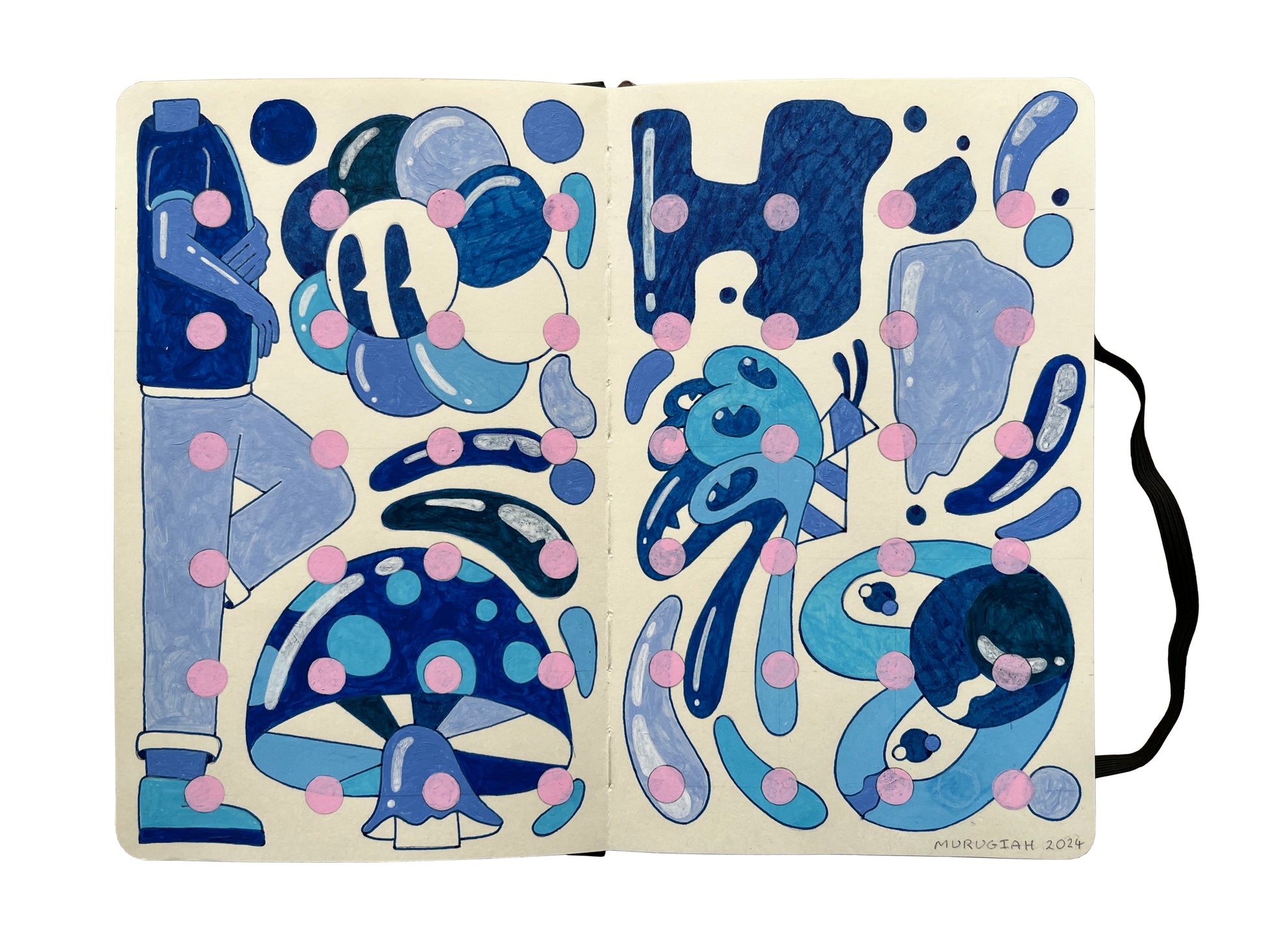 blue toned illustration in an open face Moleskine notebook depicting various organic and shiny objects with pink dots across the pages by artist Murugiah