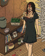 A smiling woman in a black dress splattered with blood stands in a room with a bookshelf and scattered paper in this archival pigment print titled Obsession.