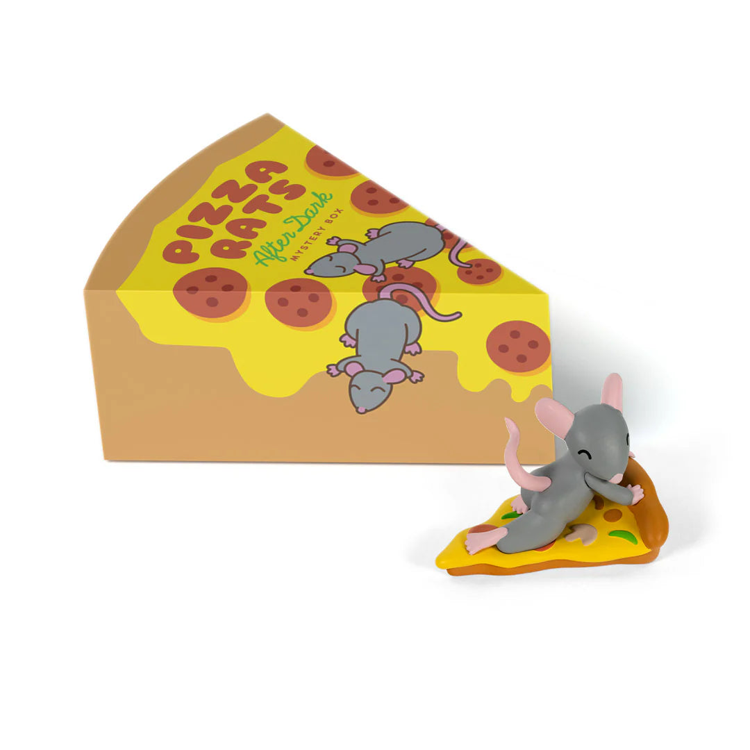 A 100% Soft collectible rat vinyl figure lounges on a pizza slice, displayed before a Pizza Rats After Dark pizza-shaped box with cartoon mice and colorful lettering—a fun addition to any vinyl figure blind box collection.