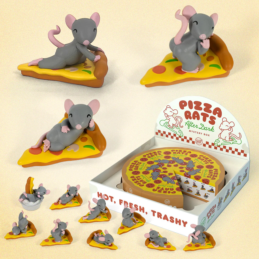 Twelve adorable 100% Soft toy rats lounge on pizza slices, with three larger 100% Soft Pizza Rats Vinyl Figures displayed at the top and smaller ones arranged below. An open “Pizza Rats After Dark” blind box collectible from 100% Soft sits in the center, revealing cute toy pizza rat figures against a whimsical pizza-themed design.