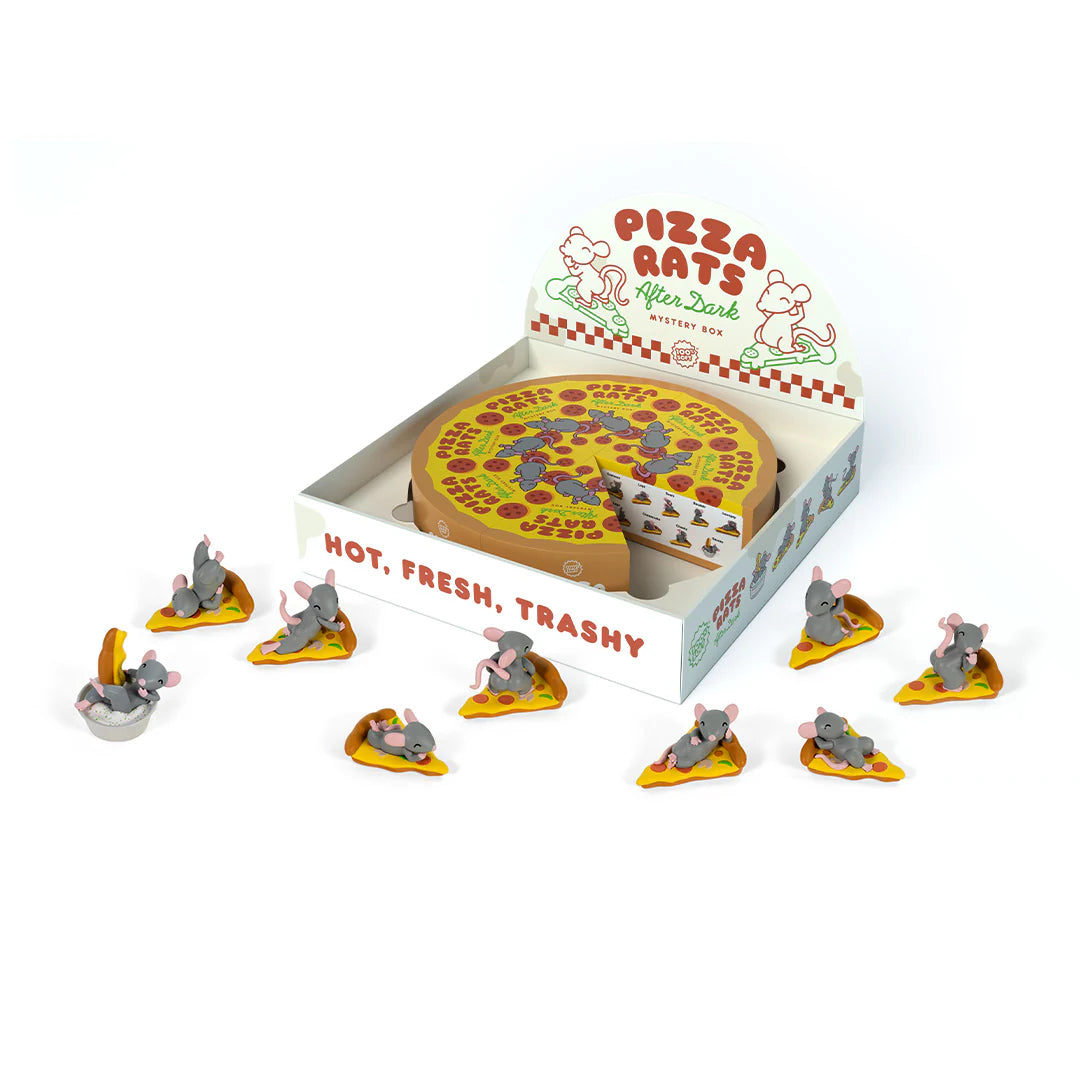 The 100% Soft Pizza Rats After Dark Mystery Box is a vinyl blind box with collectible rat figurines on pizza slice toys, all styled around a fun illustrated pizza box.