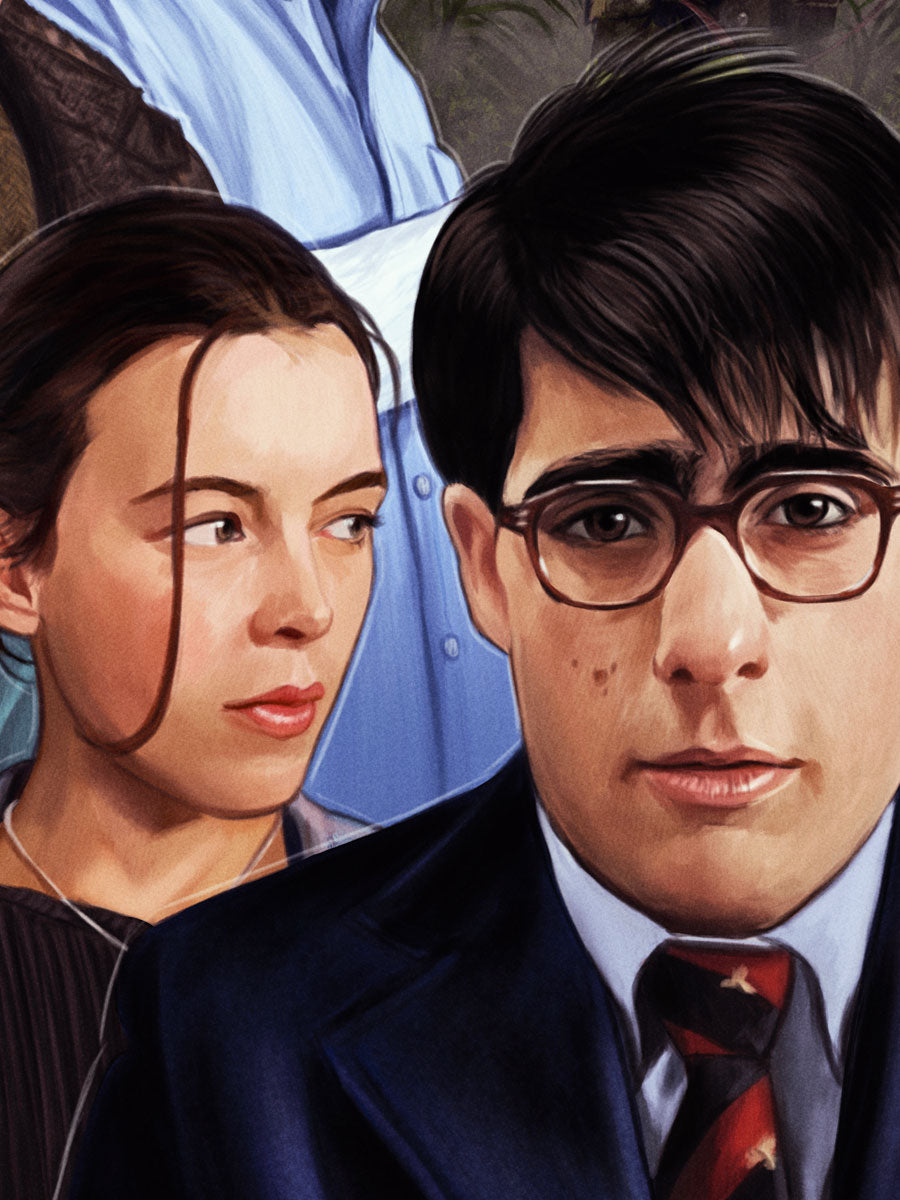 A young woman with brown hair gazes at a young man with glasses, dark hair, and a suit, who faces forward with a neutral expression. Their attire hints at a formal or academic setting, captured in the refined detail of an archival pigment print by Sam Gilbey—reminiscent of limited edition art.
