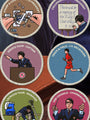 Six illustrated merit badges by Sam Gilbey showcase students as club president with stamps and coins, calligraphy club member writing on a chalkboard, debate team captain at a podium, track athlete, lacrosse manager, and choir master conducting. Each badge is presented as a limited edition Sam Gilbey archival pigment print for vibrant color and enduring quality.