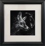 Silent Beacon" is a framed black and white fox profile illustration, with smoke swirling above its nose, capturing Spoke Art’s distinctive style—a striking piece for any collection.