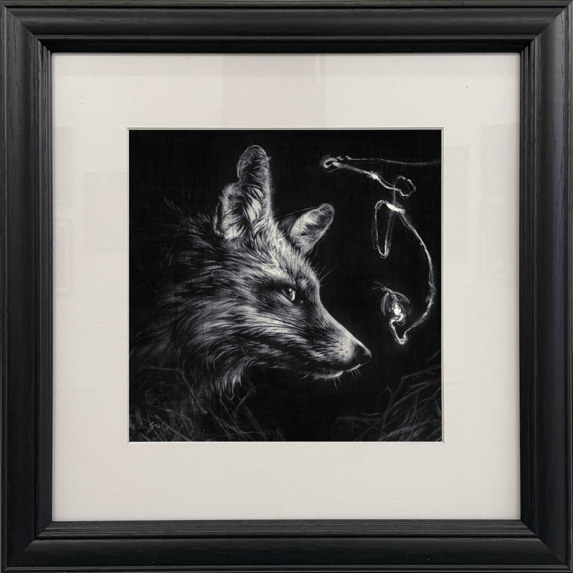 Silent Beacon" is a framed black and white fox profile illustration, with smoke swirling above its nose, capturing Spoke Art’s distinctive style—a striking piece for any collection.