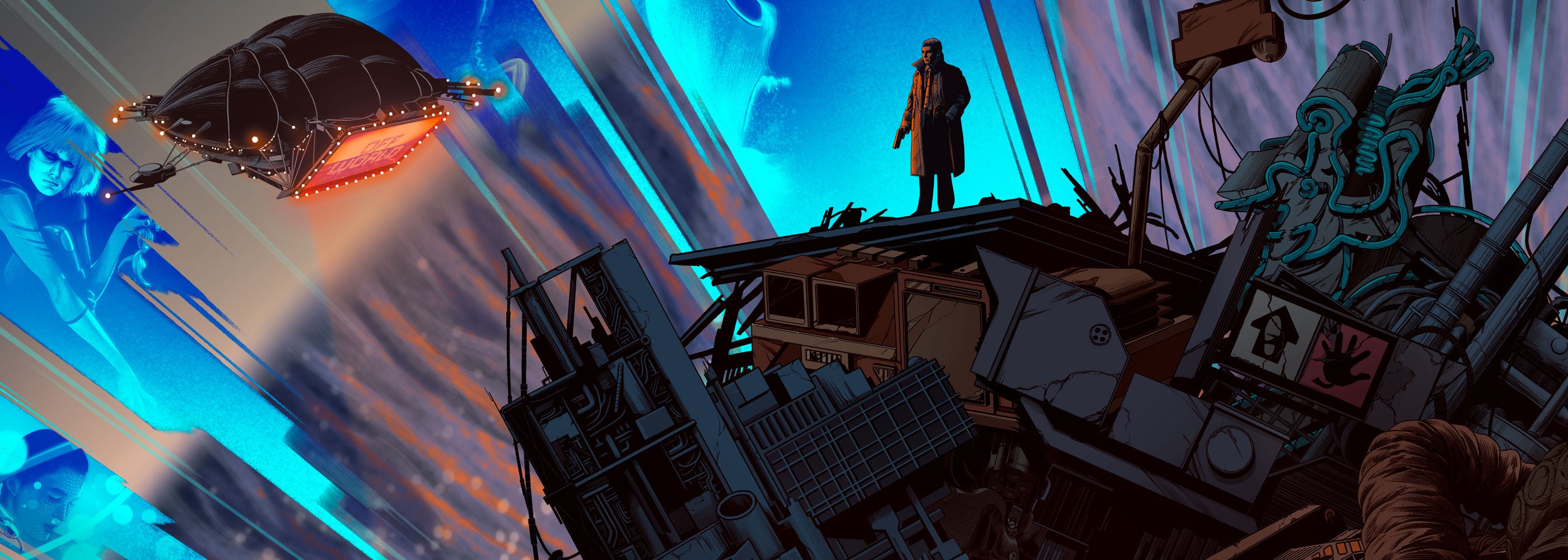 A stylized sci-fi artwork showing a lone figure standing atop a large mechanical structure, with a flying vehicle overhead and a dramatic blue and purple futuristic environment.
