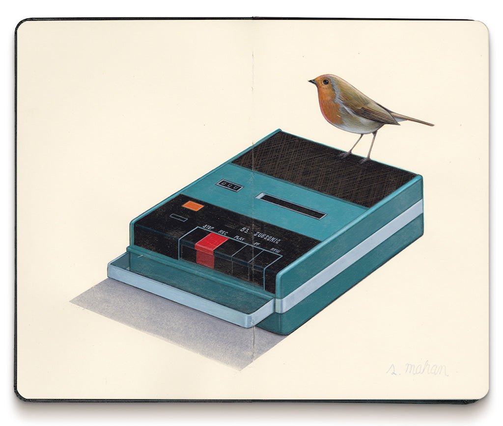 painting on an open faced Moleskine notebook of a small brown and orange bird perched on a teal cassette recorder by artist Sean Mahan