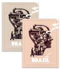 Two Matthew Woodson posters for Brazil depict a man in a trench coat approaching a machine shaped like a human head. Metallic inks highlight the dramatic image, while “BRAZIL” appears in bold white letters at the bottom.