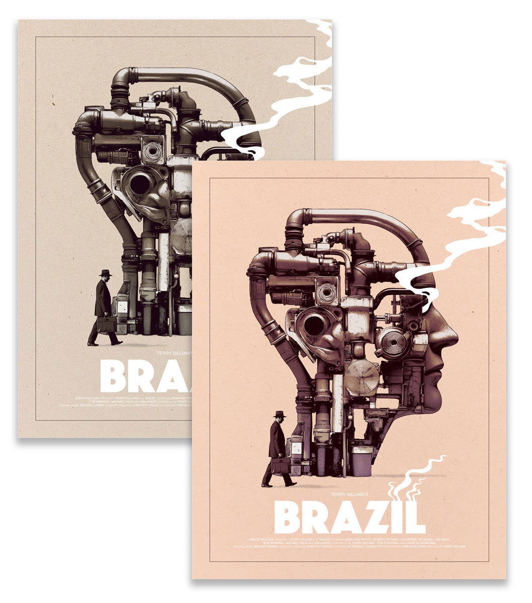 Two Matthew Woodson posters for Brazil depict a man in a trench coat approaching a machine shaped like a human head. Metallic inks highlight the dramatic image, while “BRAZIL” appears in bold white letters at the bottom.