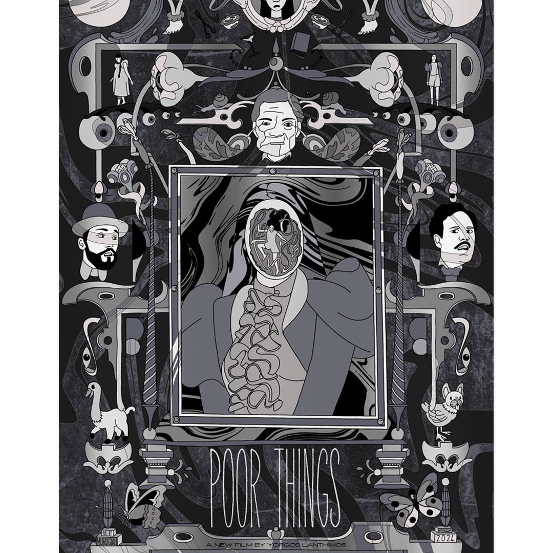 Murugiahs surreal Poor Things poster features black-and-white Victorian-era characters, abstract patterns, and mythical creatures. A central figure in a suit is adorned with Art Deco-inspired designs, with the text Poor Things below.