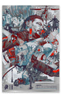 Stylized screen print poster for Death Stranding by Vincent Aseo, featuring layered illustrations of characters, a baby in a pod, futuristic technology, motorcycles, and dramatic scenes in red, gray, and blue tones with title and logos at the bottom.