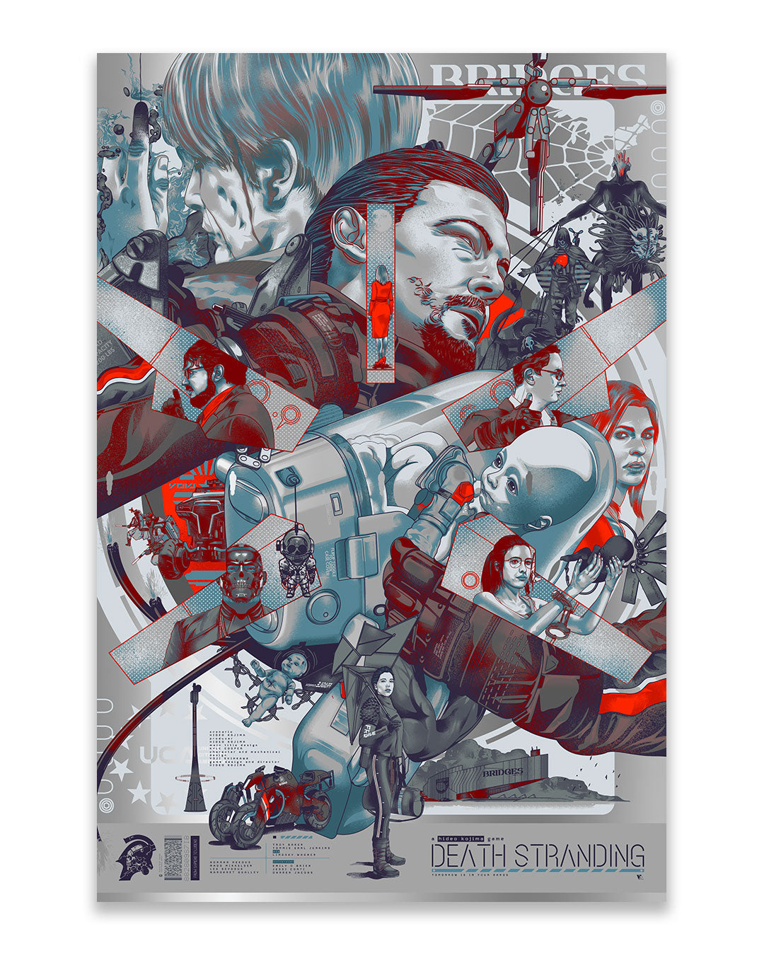 Stylized screen print poster for Death Stranding by Vincent Aseo, featuring layered illustrations of characters, a baby in a pod, futuristic technology, motorcycles, and dramatic scenes in red, gray, and blue tones with title and logos at the bottom.