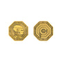 A gold, octagonal metal token by Bruce Yan shows a robotic helmet with “OCP POLICE 001 DEAD OR ALIVE” on one side, and a target plus “I’D BUY THAT FOR A $1” on the other. Brand: Bruce Yan.