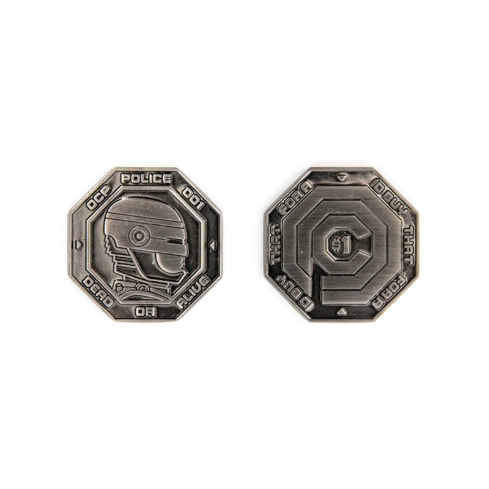 A worn, silver octagonal token by Bruce Yan features a robotic police officer’s profile with edge text on one side and a geometric motif with more text on the reverse, evoking futuristic authority.