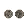 A worn, silver octagonal token by Bruce Yan features a robotic police officer’s profile with edge text on one side and a geometric motif with more text on the reverse, evoking futuristic authority.