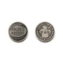 Two round metal tokens: one side reads RAJAS ARCADE; the other, designed by Bruce Yan, shows a stylized joystick and controller with ENDURE & SURVIVE inscribed around the edge.