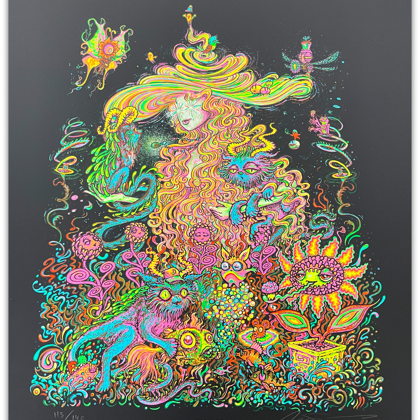 Colorful abstract artwork with intricate designs on a dark background