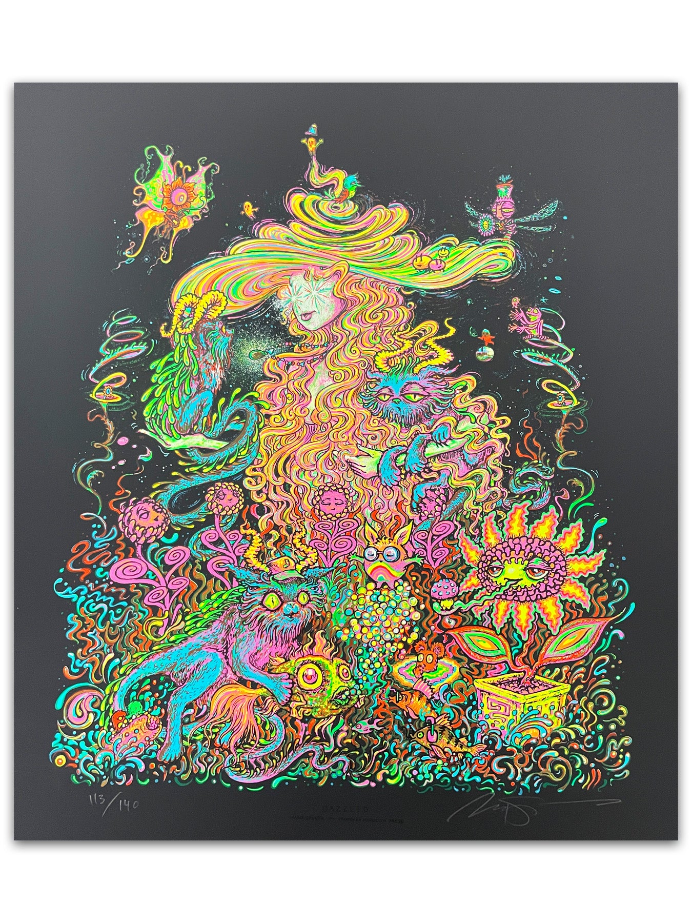 Colorful abstract artwork with intricate designs on a dark background