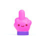 This playful pink toy by 100% Soft, made of stress-relieving polyurethane foam, features a hand with a cartoon face and smiling eyes. With its cheeky raised middle finger, it sits on a purple base against a white background.