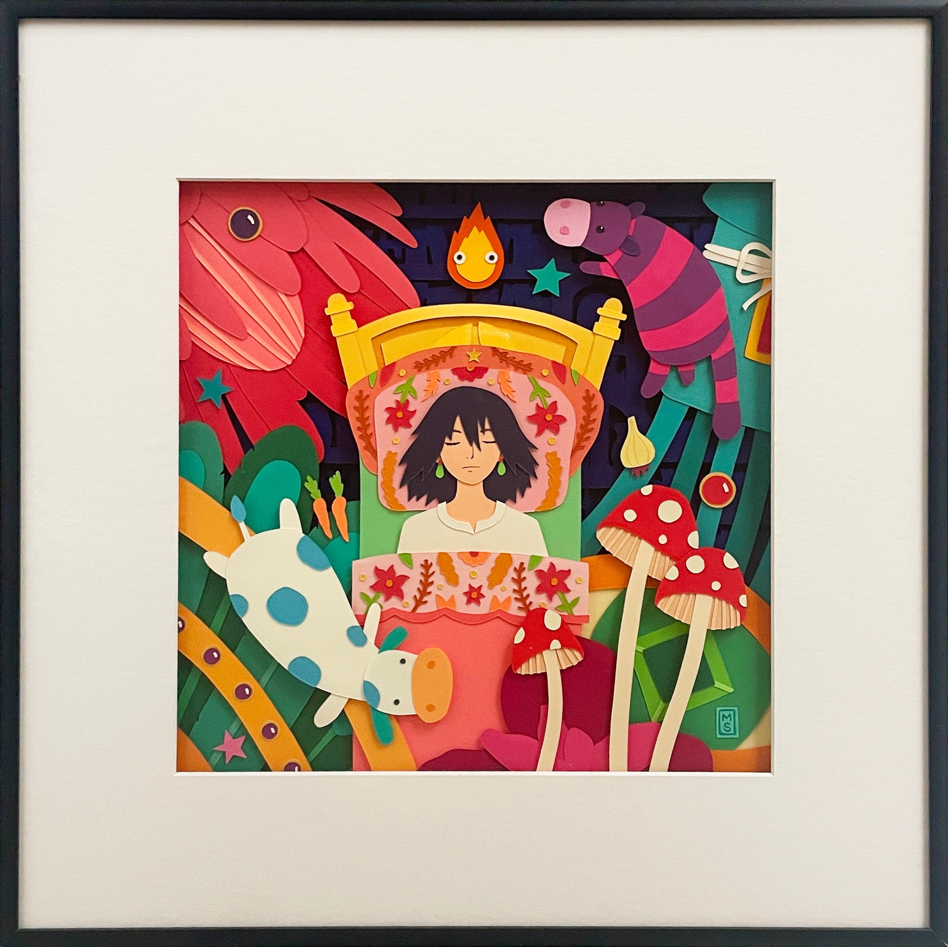 A vibrant paper collage illustration from Spoke Art shows a dark-haired person in bed, surrounded by whimsical animals, large red mushrooms, lush plants, and floating objects in a dreamy scene inspired by Howl's Moving Castle.