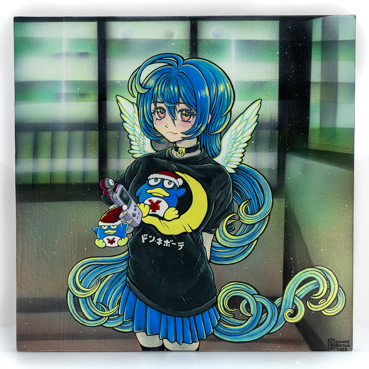 Spoke Art’s anime-inspired character features long blue hair, angel wings, and a black t-shirt with a cartoon penguin. Inspired by Angel of Donki, she holds a game controller and stands before city lights at night.