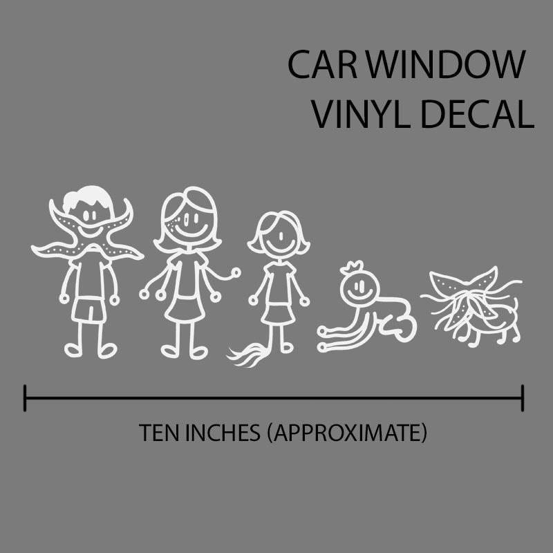 Ten-inch car window vinyl decal featuring stick figures of a boy with a starfish, two girls, a monkey, and a sea creature, designed by Sarah Sumeray.
