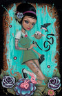 Caia Koopmans acrylic on wood panel The Big Year shows a tattooed woman in a green dress with a spray paint can, surrounded by pink bunnies and roses. A bird feeds chicks nearby, set against a backdrop of blue paint drips.
