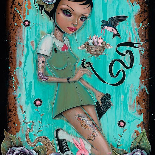 Caia Koopmans acrylic on wood panel The Big Year shows a tattooed woman in a green dress with a spray paint can, surrounded by pink bunnies and roses. A bird feeds chicks nearby, set against a backdrop of blue paint drips.