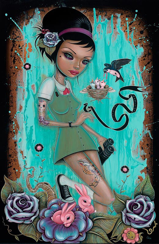 Caia Koopmans acrylic on wood panel The Big Year shows a tattooed woman in a green dress with a spray paint can, surrounded by pink bunnies and roses. A bird feeds chicks nearby, set against a backdrop of blue paint drips.