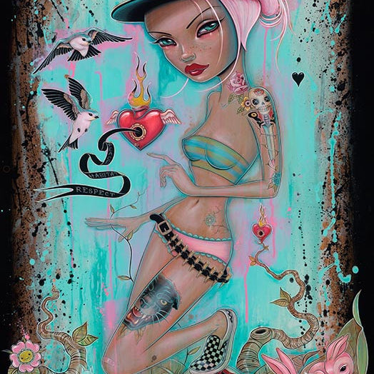Artwork by Caia Koopman features a tattooed woman in a teal bikini and cap, surrounded by birds, swirling designs, and a flaming heart. Skulls and flowers bloom at the bottom in surreal colors on an acrylic wood panel celebrating biodiversity.