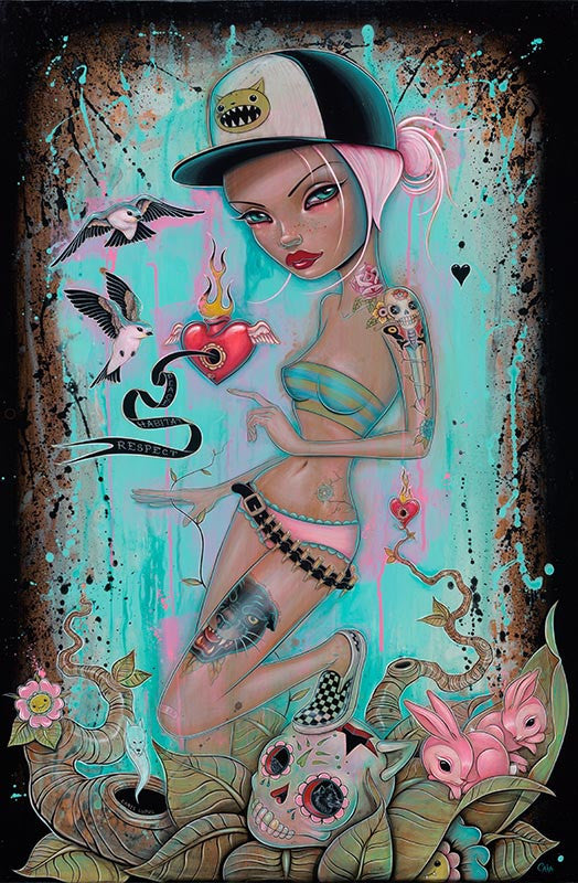 Artwork by Caia Koopman features a tattooed woman in a teal bikini and cap, surrounded by birds, swirling designs, and a flaming heart. Skulls and flowers bloom at the bottom in surreal colors on an acrylic wood panel celebrating biodiversity.