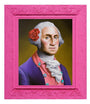 Scott Scheidlys Pretty Boy George is an original painting showcasing a historical figure with white hair, a red rose, and a pink suit jacket adorned with colorful buttons over a white cravat. An ornate pink frame and muted gold background complete this captivating piece of Pink Portraits art.