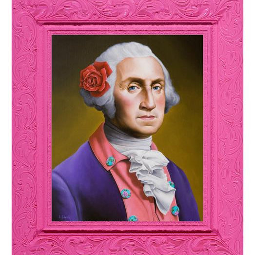 Scott Scheidlys Pretty Boy George is an original painting showcasing a historical figure with white hair, a red rose, and a pink suit jacket adorned with colorful buttons over a white cravat. An ornate pink frame and muted gold background complete this captivating piece of Pink Portraits art.